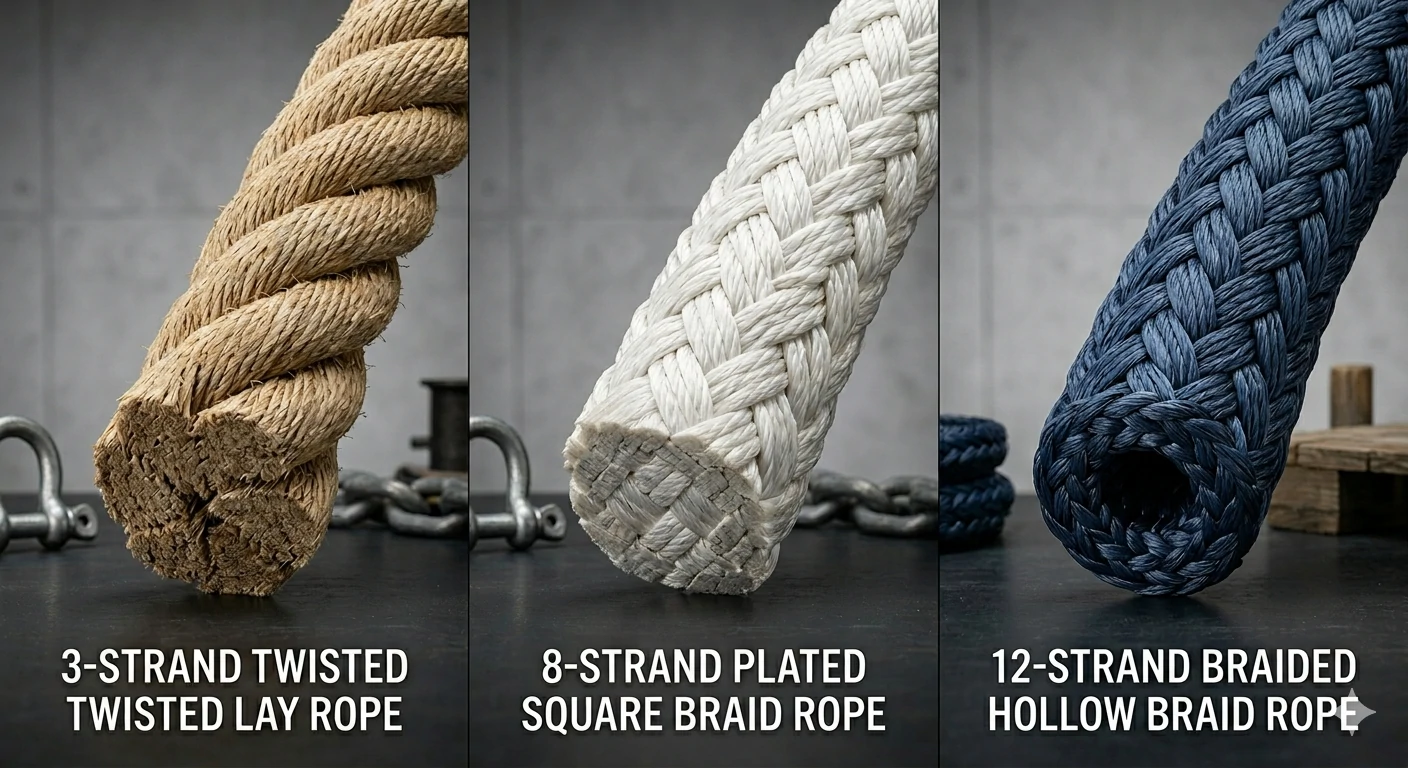 Comparison of 3-strand twisted, 8-strand plated, and 12-strand braided mooring rope structures for marine vessels.