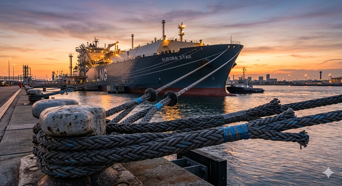 Juli Slings heavy-duty 12-strand braided mooring lines securing a massive LNG carrier at an offshore terminal during sunset.